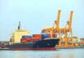 commercial ship and cargo container on port use for import export and freight logistic water transport industry