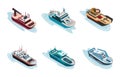 Commercial ship isometric icon set include of freight industrial boat, barge and vessel yacht ferry. 3d sea sailing
