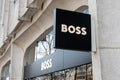 Commercial sign of the Hugo Boss store (Boss Store Paris), avenue des Champs-Elysees, Paris, France