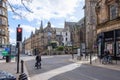 Commercial Street in Scotland`s Dundee with St Paul`s Cathedral on the corner Royalty Free Stock Photo