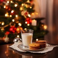 Glass of Milk Plate of Cookies Festive Christmas Tree Bokeh Lights Background Santa