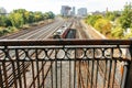 A train traveling under a bridge