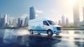 Commercial van driving along a wet road in a modern city setting. Concept of package delivery, fast shipping, business Royalty Free Stock Photo