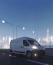 Commercial van driving in a city at night 3d render Royalty Free Stock Photo