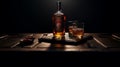 Commercial Whisky Bottle On Wooden Tray: Precisionist, Light Black And Red Imagery