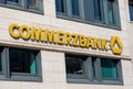 Commerzbank logo and lettering on a bank Filliale in Frankfurt am Main, germany on 11.02.2021 with yellow color