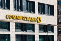 Commerzbank logo and lettering on a bank in Frankfurt ,Germany on february 11th, 2021 with yellow words, editorially