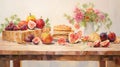 Commissioned 8k Historical Illustration: Fruit On Table With Pastoral Charm