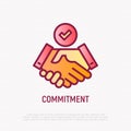 Commitment thin line icon: handshake with tick. Modern vector illustration