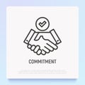 Commitment thin line icon: handshake with tick. Modern vector illustration