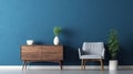 Commode with chair and decor living room interior dark blue wall mock up backgroundinterior, room, wall, home, blue, design,