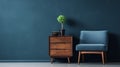 Commode with chair and decor living room interior dark blue wall mock up backgroundinterior, room, wall, home, blue, design,