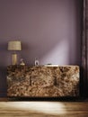 Commode with decor in living room interior, dark violet wall mock up background Royalty Free Stock Photo