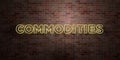 COMMODITIES - fluorescent Neon tube Sign on brickwork - Front view - 3D rendered royalty free stock picture