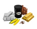 Commodities - Oil, Gold, Silver, Copper, Corn and Coffee Beans Royalty Free Stock Photo