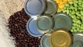 commodities picture with coffee beans, metal lid, corn, full grain rice and soybeans commodity Royalty Free Stock Photo