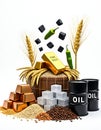 Commodities and resources arranged on a white background, symbolizing wealth and trade Royalty Free Stock Photo