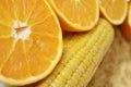 Commodity close up with organic oranges for orange juice, corn, full grain rice and organic rice