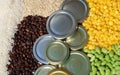 commodity, goods picture with coffee bean, metal lid, corn, rice and soybeans commodity Royalty Free Stock Photo