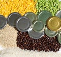 commodity picture with coffee beans, metal lids, corn, full grain rice and soybeans commodity Royalty Free Stock Photo