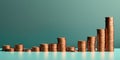 Commodity trading concept. Stacks of copper coins forming a growth chart on a light teal background, studio lighting.