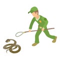 Common anaconda icon isometric vector. Man in green uniform near big anaconda