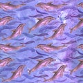 Common bottlenose dolphin, hand painted watercolor illustration, seamless pattern on blue, purple ocean surface with waves