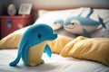 A Common Bottlenosed Dolphin Toy On A Childs Bed. Generative AI Royalty Free Stock Photo