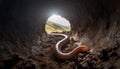 Common earthworm in underground tunnel , light coming from outside