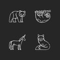 Common and fantasy animals chalk white icons set on black background