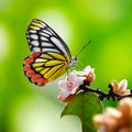 Butterfly Jezebel or Delias eucharis on pink flowers with green blurred background
