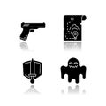 Common movie genres drop shadow black glyph icons set. Action flicks, adventure, history epic and horror films. Popular