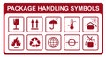 Common packaging warning symbol set. Red white flat style icons with frame Royalty Free Stock Photo