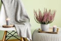 Common pink heather  Calluna vulgaris  ling flower in white pot with gray cozy plaid. Cozy autumn living space concept. Royalty Free Stock Photo