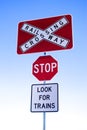 Railway Crossing Stop sign warning to look out for trains, Outback Australia. Royalty Free Stock Photo