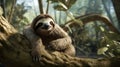 Common Sloth on jungle. A happy sloth hanging from a tree in Costa Rica. generative ai