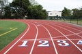 Common start-finish line of a red track with white numbers with blue trim