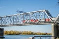 Communal bridge across Ob river in Novosibirsk, Russia. First Railway Bridge in Novosibirsk. Royalty Free Stock Photo