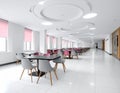 Empty Cafeteria Interior with Rows of Tables and Pink and Gray Seating Keywords: cafeteria, dining, interior, empty Royalty Free Stock Photo