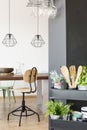 Communal table and industrial lamps