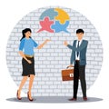 Communicate solution to solve problem concept, business people communicate with jigsaw puzzle. Royalty Free Stock Photo