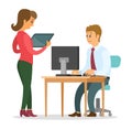 Communicating colleagues in office, man sitting at table using computer, woman standing with tablet Royalty Free Stock Photo