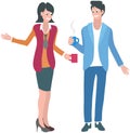 Communicating office workers or friends spend time together. Woman and man standing and talking