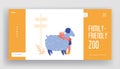 Communication with Animals Landing Page Template. Happy Boy Character Hugging Cute Sheep in Farm Zoo