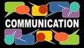 Communication banner with white headline and multicolored speech bubbles. Callout boxes on black background. Graphics Royalty Free Stock Photo