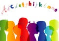 Multi-ethnic children. Colorful kindergarten. Childhood. Group different children profile rainbow colors isolated silhouette.