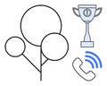 Abstract symbols with tree structure, trophy, and communication icons Royalty Free Stock Photo