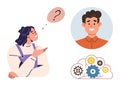 Communication Concepts with Questioning Woman and Smiling Man Next to Gears Problem Solving Royalty Free Stock Photo