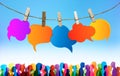 Communication crowd large group of people. Crowd talking. Speech bubble. Colored clouds. Chatter network. Dialogue between diverse Royalty Free Stock Photo