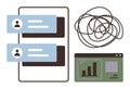 Communication, Data Analytics, and Problem Solving Displayed via Messaging, Chart, and Tangle Metaphor Royalty Free Stock Photo